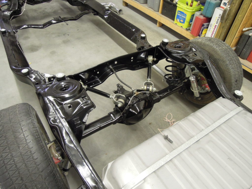 A car frame that is being worked on.