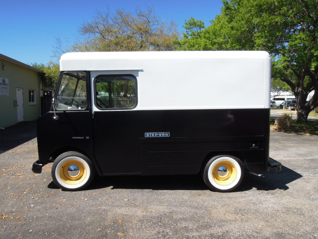 A black and white truck parked in the parking lot.